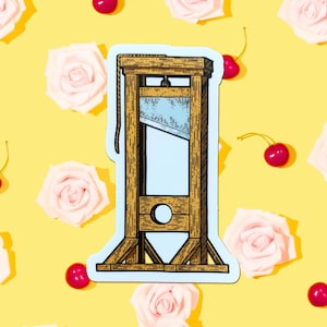 May include: A vintage-style illustration of a guillotine, a wooden execution device with a sharp blade, on a light blue background. The guillotine is surrounded by pink roses and red cherries on a yellow background.