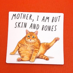 May include: A square sticker with an orange cat illustration. The cat is sitting with one leg extended, and the text "MOTHER, I AM BUT SKIN AND BONES" is above the cat. The background is orange.