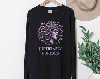 Justifiably Furious Pink Medusa Shirt - Feminist Long Sleeve Comfort Colors Tee - Mythology Rage Aesthetic - Greek Myth Feminist Gift