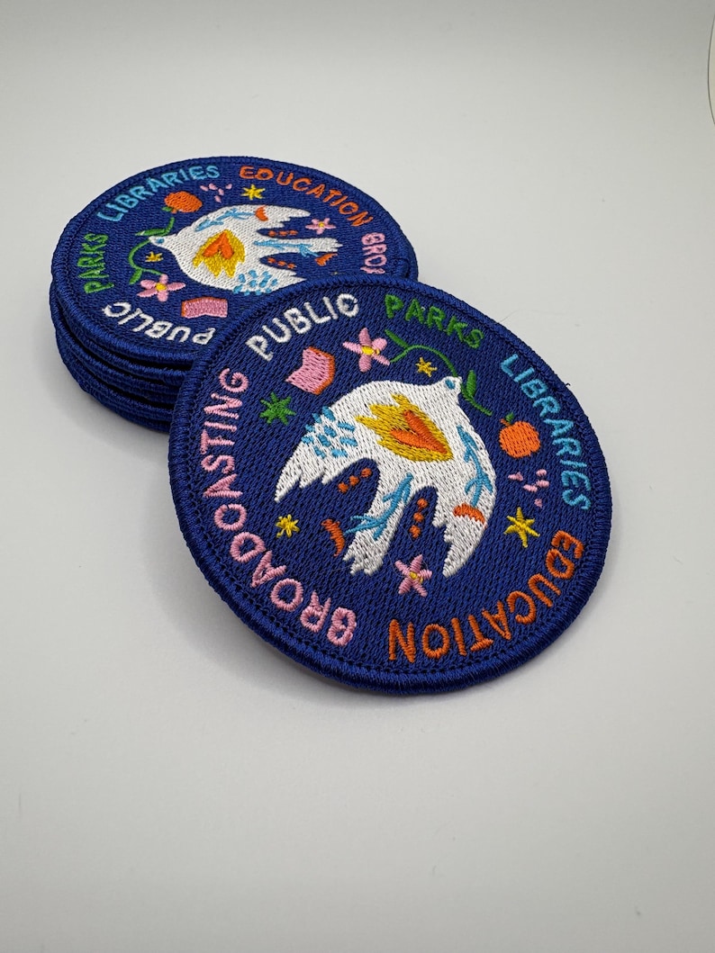 Public Parks Libraries Education Broadcasting Patch • 3" Round Embroidered Patch with Dove • Progressive Patch • Pro Public Goods Badge imagem 4