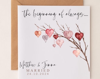 Gepersonaliseerde trouwkaart - liefdeshartjes op tak Mr & Mrs Newly Weds Beginning of Always