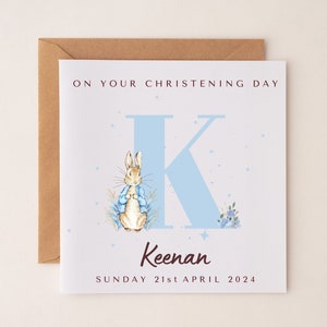 Personalisierte Tauf-Tageskarte Druck Peter Kaninchen Flopsy Bunny Alphabet Initial A-Z Patenkind Patenkind Enkel Enkelin Taufe