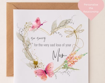 Sympathy Card: Bereavement Condolences, Thinking of You Butterflies and Heart Wreath Mum Grandma Sister Dad Brother