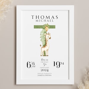 NOUVEAU BÉBÉ cadeau personnalisé alphabet initiale impression affiche de chambre d'enfant thème de la jungle jour de votre naissance baptême 1er anniversaire Bienvenue dans le monde