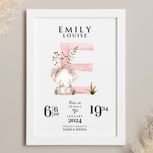 NOUVEAU BÉBÉ cadeau personnalisé alphabet initiale impression affiche de chambre d'enfant thème safari jour de votre naissance baptême 1er anniversaire Bienvenue dans le monde
