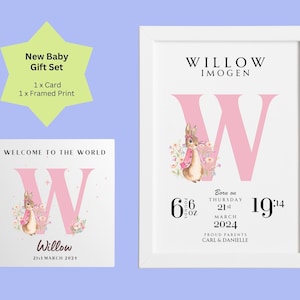 Gepersonaliseerde cadeauset nieuwe babymeisje dochter, A4 ingelijste print en kaart Flopsy Bunny-alfabetletter A-Z Peter Rabbit Welcome to the World