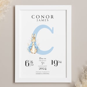 NOUVEAU BÉBÉ cadeau personnalisé alphabet initiale impression affiche de chambre de bébé Pierre lapin jour de votre naissance baptême 1er anniversaire Bienvenue dans le monde