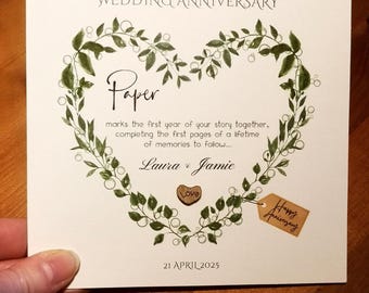Personalised First Wedding Anniversary Card: 1st Paper Anniversary Gift Wooden Hearts Branch