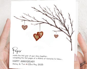 Tarjeta personalizada para el primer aniversario de bodas: Regalo de primer aniversario de papel, rama de corazones de madera