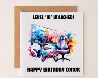 Gaming Birthday Card: Level Unlocked Personalised Age Number Gamer Boy Girl