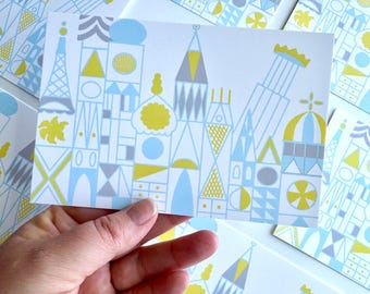 Flat Greeting Card Small World Theme Park Fantasy Land Attraction Gift Birthday Thank You Note Blank Inside Stationery Set Midcentury