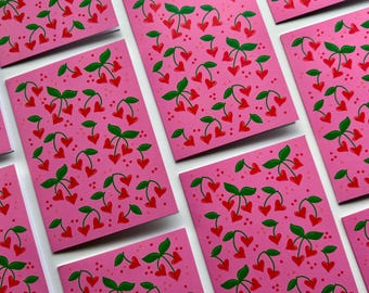 Pink Cherry Card Blank Inside Valentine Day Heart Pattern Hand Drawn Design Stationery Cute Greeting Note Paper Illustration Romantic