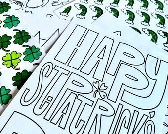 Irish Coloring Page Printable Activity Sheet Download Saint Patrick Day Shamrock Design Celtic Art Digital Holiday Rainbow Illustration