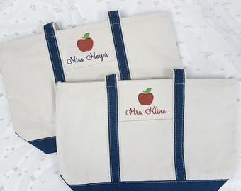Teacher Canvas Tote Bag: Personalized Embroidered Apple - Sturdy with Zip
