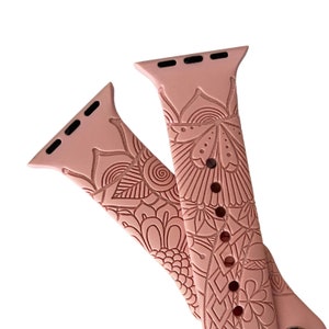 Floral Engraved, Flower Watch Band Compatible with Apple Watch Series 1-9, 38mm, 40mm, 41mm, 42mm, 44mm, 45mm, 49mm, SE, SE2, Ultra, Ultra 2