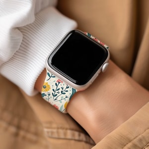 Bright Floral Pattern, Flowers Watch Band Compatible with Apple Watch Series 1-9, 38mm, 40mm, 41mm, 42mm, 44mm, 45mm, 49mm, SE, SE2, Ultra 2