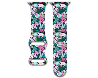 Bright Floral Pattern, Flowers Watch Band Compatible with Apple Watch Series 1-9, 38mm, 40mm, 41mm, 42mm, 44mm, 45mm, 49mm, SE, SE2, Ultra 2