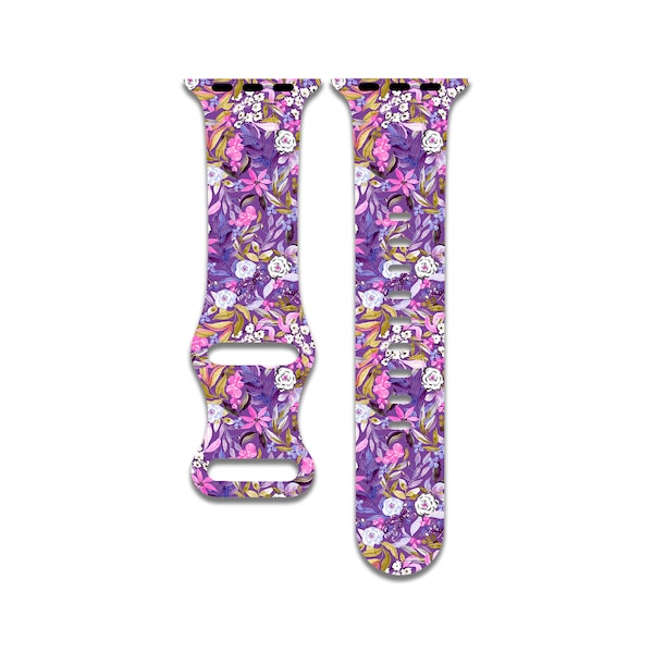 Purple Hawaiian Floral Watch Band Compatible with Apple Watch Series 1-9, 38mm, 40mm, 41mm, 42mm, 44mm, 45mm, 49mm, SE, SE2, Ultra, Ultra 2