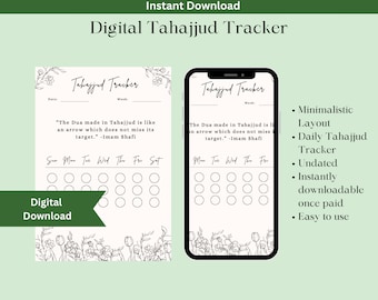 Peut inclure: Un tracker de Tahajjud numérique imprimable avec une mise en page minimaliste. Le tracker présente une citation sur l'importance de la prière de Tahajjud et une grille pour suivre les prières quotidiennes. Le tracker n'est pas daté et peut être utilisé pour n'importe quel mois.