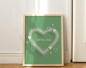 Impressão de clube de amor próprio, decoração de parede, arte para impressão, impressão de download digital, impressão de amor próprio, decoração de parede de coração, impressão verde, impressão para download