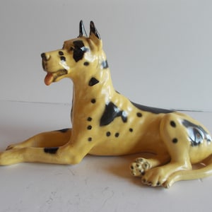 GREAT DANE~Dog~Statue~Figurine~40&#39;s~50&#39;s~Canine~Art~Porcelain Over Metal~Signed~Beautiful~Harlequin~Great Dane~Dog~7 1/4&quot;~Tall~Gift
