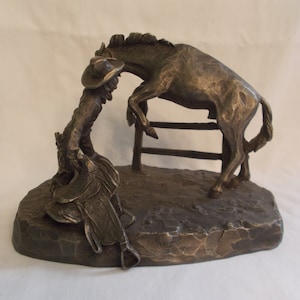 Bronze~Horse and Cowboy~Statue~Figurine~Signed~1974~Rodeo~Wild Horse~Cowboy~Equestrian~Collectable Gift