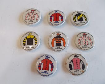 Triple~Crown~Horse Racing~Pins~Lot of 8~War Admiral~Gallant Fox~Seattle Slew~Omaha~Affirmed~Whirlaway~Citation~Sir Barton~Thoroughbred~70's