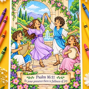 May include: A colourful illustration of four children in a garden setting with a stone fountain, featuring a harp, a tambourine, and flowers. A banner at the bottom displays the text: Psalm 16:11 In your presence there is fullness of joy.