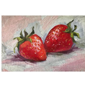 Couple de fraises peinture à l'huile toile originale peinte à la main oeuvre carrée art de cuisine