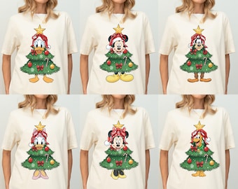 Maglietta vintage con albero di Natale di Topolino e i suoi amici, maglietta con albero di Natale Disney, magliette natalizie Disney per la famiglia, maglietta con tanti auguri di Buon Natale