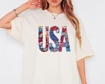 Vintage Floral USA Shirt, Patriotic Shirts, Independence Shirt, 4Th July For Women, 4Th Of July Flag, USA T-shirt, Floral American Flag