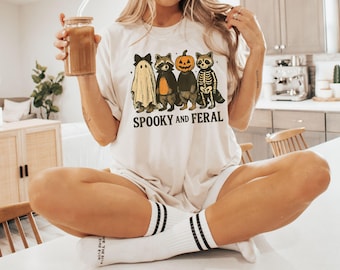 Spooky and Feral Raccoon Shirt, Funny Halloween Raccoon Shirt, Cute Trendy Womens Halloween T-Shirt, Vintage Fall Tshirt, Halloween Gift