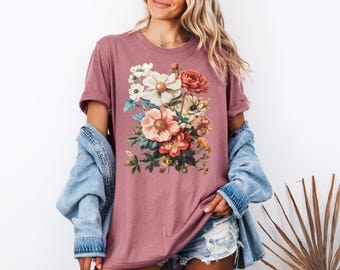 Maglietta Boho con fiori selvatici in stile Cottagecore, regalo per lei, magliette Whimsigoth con piante, maglietta floreale, regalo per donna, maglietta Boho con fiori selvatici alla moda