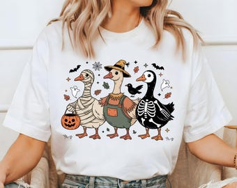 Retro Goose Halloween Shirt, Ghost Pumpkin Witch Goose Graphic Tee, Vintage Halloween Aesthetic Tee