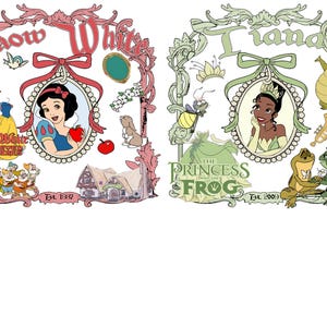 Pu&ograve; includere: Due illustrazioni incorniciate con principesse Disney. La cornice a sinistra mostra Biancaneve con una mela rossa, nani e un vestito giallo. La cornice a destra presenta Tiana de La principessa e il ranocchio, con una rana e una tromba. Entrambe le cornici hanno bordi decorativi.