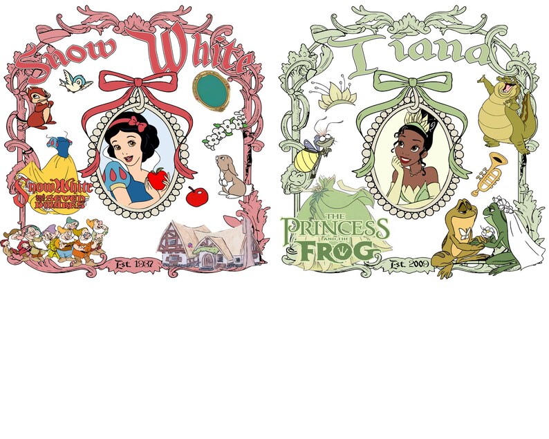 Pu&ograve; includere: Due illustrazioni incorniciate con principesse Disney. La cornice a sinistra mostra Biancaneve con una mela rossa, nani e un vestito giallo. La cornice a destra presenta Tiana de La principessa e il ranocchio, con una rana e una tromba. Entrambe le cornici hanno bordi decorativi.