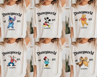 Retro Disneyworld Est 1971 Florida-skjorta, söt Musse Pigg och vänner-t-shirt, Disney-t-shirt med alla karaktärer, WDW Disneyland-födelsedagsmatchande skjortor