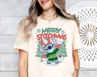 Camiseta retro Merry Stitchmas, camiseta navideña de Stitch, camiseta navideña de Disney, camiseta navideña para niños, regalo de Navidad, Disneyland Navidad