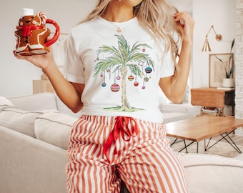 Weihnachten Palmen Baum Shirt, Tropisches Geschenk, Florida Weihnachts-Shirt, Strand Aloha Weihnachten Tee,Santa Juli Hawaiihemd,Weihnachtslichter Baum