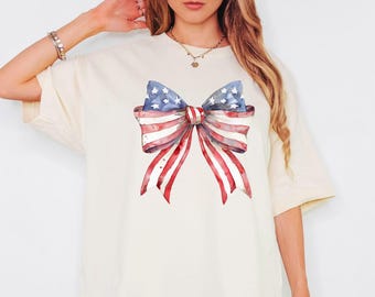 4th of July Shirt, Coquette American Flag Shirt, USA Bow Shirt, 4th of July Tee, Women's Patriotic Shirt, Red White and Blue Shirt, American