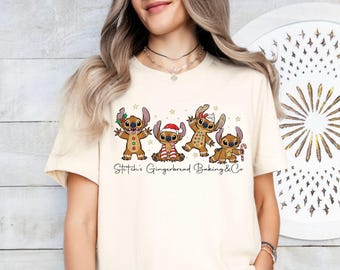 Camiseta navideña retro de Stitch con diseño de pan de jengibre, camiseta navideña de Stitch, camiseta de pan de jengibre de Disney, camiseta navideña de Disney, sudadera navideña de Disney