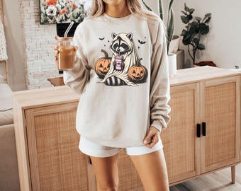 Halloween Sweatshirt, Waschbär Geist T-Shirt, Retro Halloween Shirts, gruseliges Geschenk, Waschbär Halloween Shirt, Kürbis Herbst Shirt