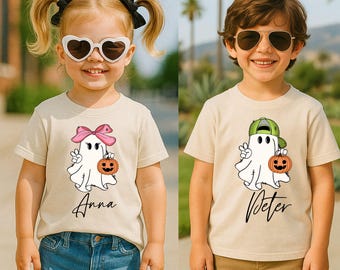 女の子と男の子のパーソナライズハロウィンシャツ、女の子のゴーストネーム幼児用シャツ、カスタムレトロボーイハロウィンナチュラルガールズTシャツ、かわいい秋の女の子シャツ