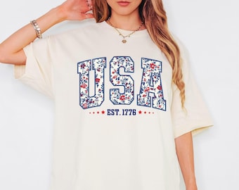 Floral USA Shirt, American Girl Shirt, USA Est 1776 Shirt,Girly 4th of July Shirt,Patriotic Women Shirt, Flower USA Shirt,Usa Gift for Shirt