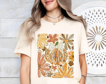Herbst Blumen Kürbis Shirt, Boho Kürbis Coquette Shirt, Retro Herbst T-Shirt, Herbst Vibes Shirt, Kürbis Saison Grafik T-Shirt, Vintage Herbst Kürbis T-Shirt