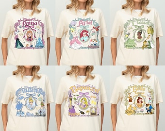 レトロディズニープリンセスシャツ、コケットディズニープリンセスTシャツ、パーソナライズディズニーTシャツ、ディズニーガールトリップTシャツ、ディズニーグループシャツ、プリンセスシャツ