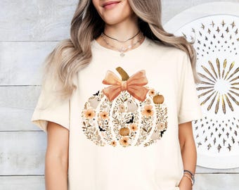 Maglietta vintage con zucca floreale, maglietta autunnale con zucca floreale, maglietta fantasma di Halloween Coquette, maglietta spettrale con fiocco di Halloween per ragazze, regalo di Halloween