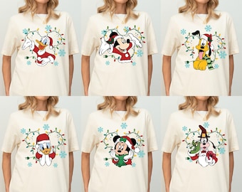Camiseta navideña con luces de Disney, camisetas familiares a juego de Mickey, Minnie, Donald, Daisy, Goofy y Pluto, camiseta navideña de Disneyland, camiseta navideña de WDW
