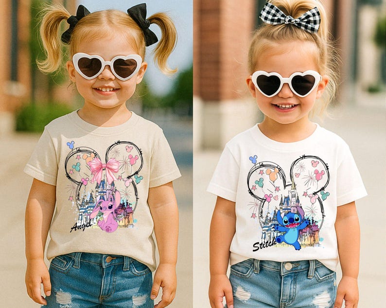 May include: Two young children wearing heart-shaped sunglasses and t-shirts. One shirt is tan with a pink bow and the word "Angel" and the other is white with the word "Stitch". Both shirts feature a cartoon design.