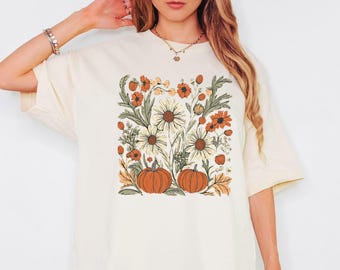 Boho höstblommig skjorta, retro höstt-shirt, höstvibbar-skjorta, pumpasäsongsgrafik-t-shirt, vintage höstpumpa-estetik-skjorta, höstgåvor